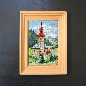 Vintage Handmade Wooden Framed Fairy Tale Castle Tapestry Needlepoint Art
